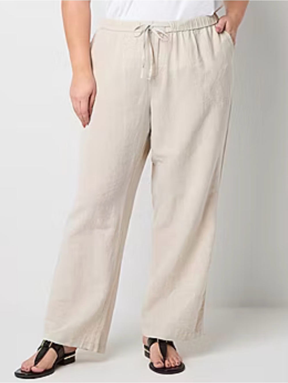 Liz Claiborne Linen/Cotton Beige/Khaki Drawstring Waist Zippered Wide-Leg Pant